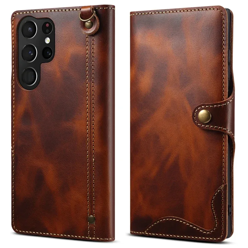

For Samsung Galaxy S23 S22 Ultra S21 S20 S10 Plus S9 Note 8 9 10 20 100% Real Cowhide Leather Case Vintage Card Bag Wallet Cover
