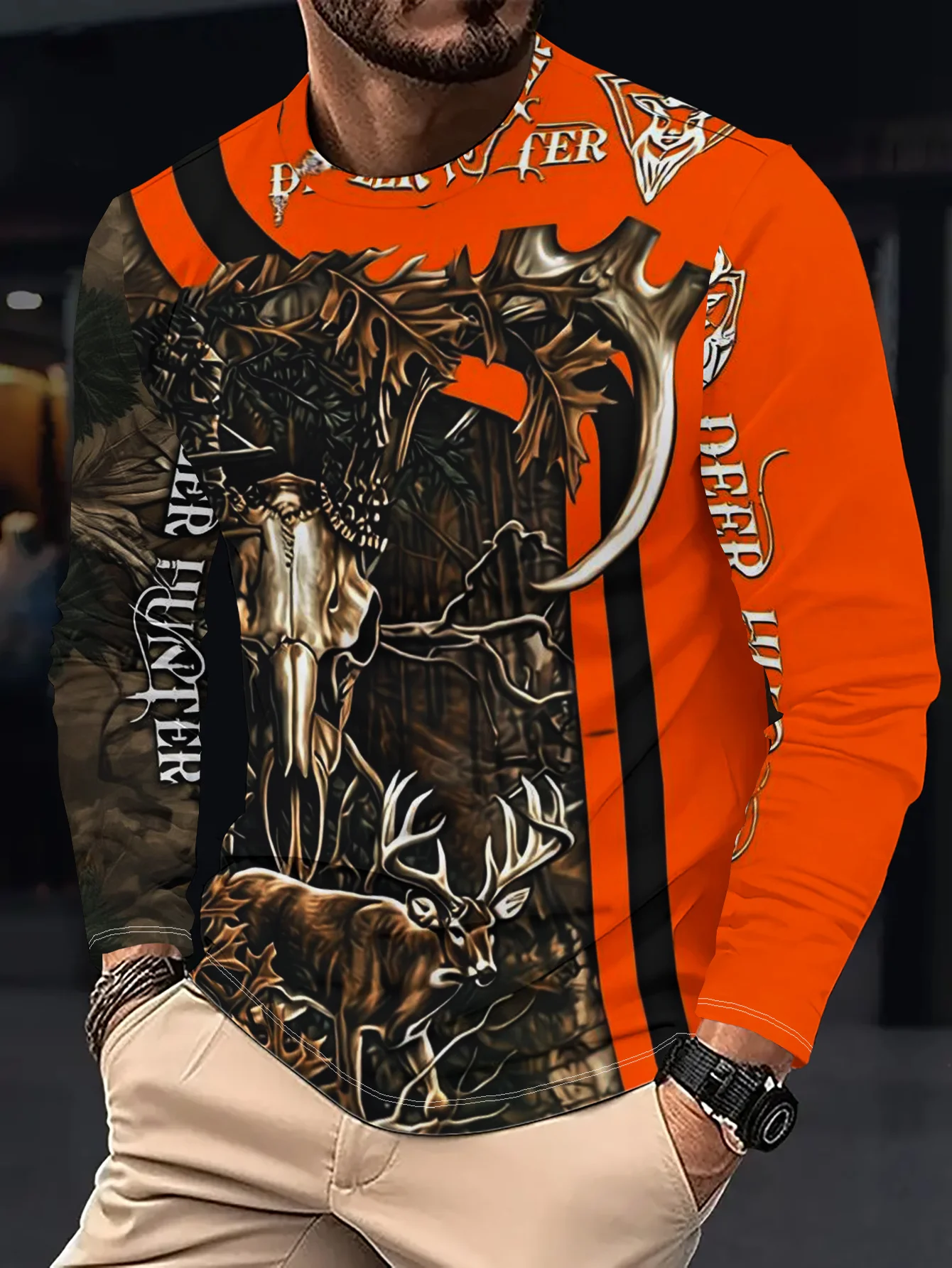 New Arrivals Vibrant Deer Skull Hunting Print Long Sleeve T Shirt Unisex Crew Neck Non Casual Top for Outdoor Wilderness Hunting