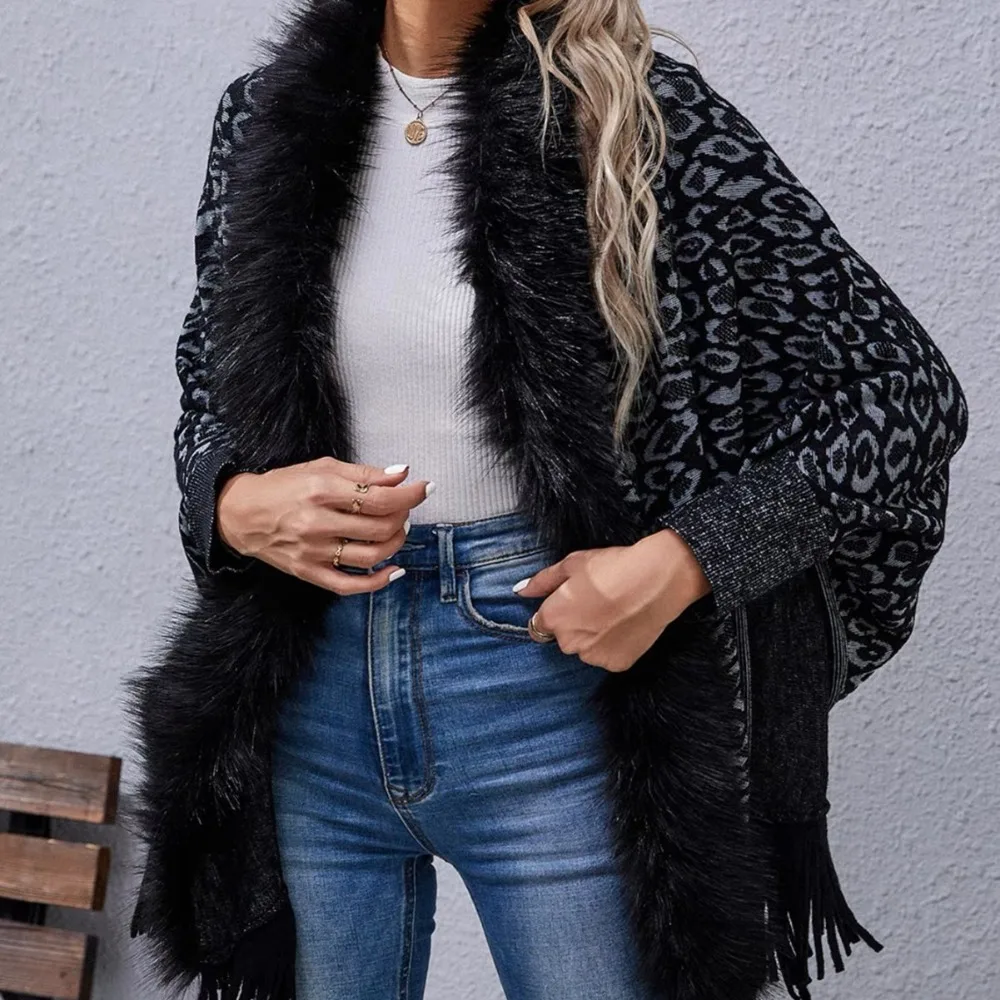 

Winter Warm Faux Fur Collar Shawl Leopard Print Striped Cardigan Tassel Shawl Ethnic Style Mongolian Poncho For Autumn Winter