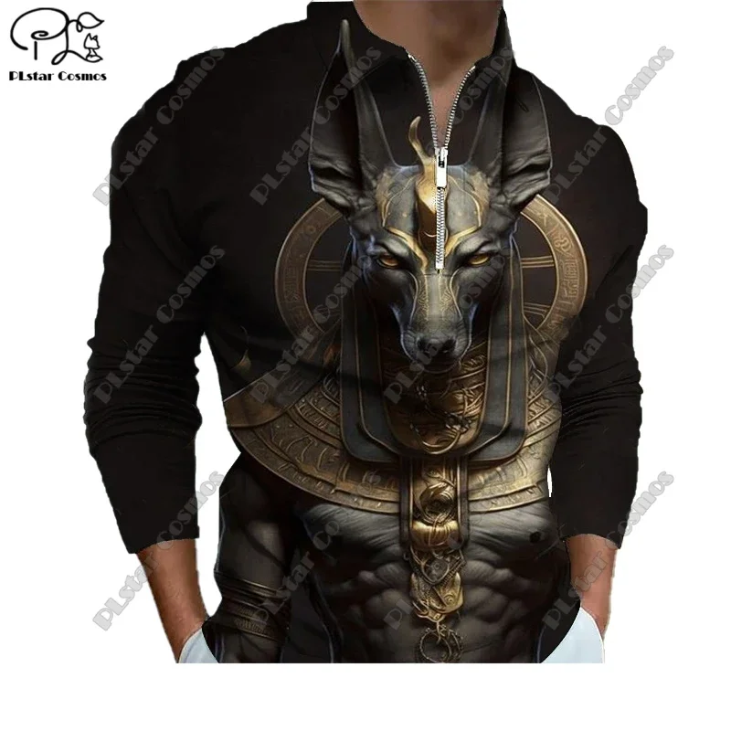 3D Printed Animal Series Owl Egyptian Cat Spider Pattern Printed Long Sleeve Zipper Polo Shirt Casual Sports Unisex