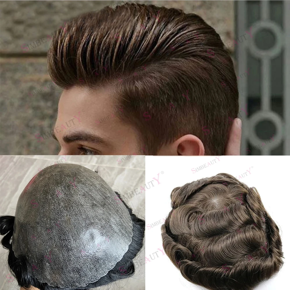 

Light Brown Blonde Natural Hairline Mens Toupee Durable Human Hair Wigs Full Skin PU Capillary Prosthesis Male Microskin System