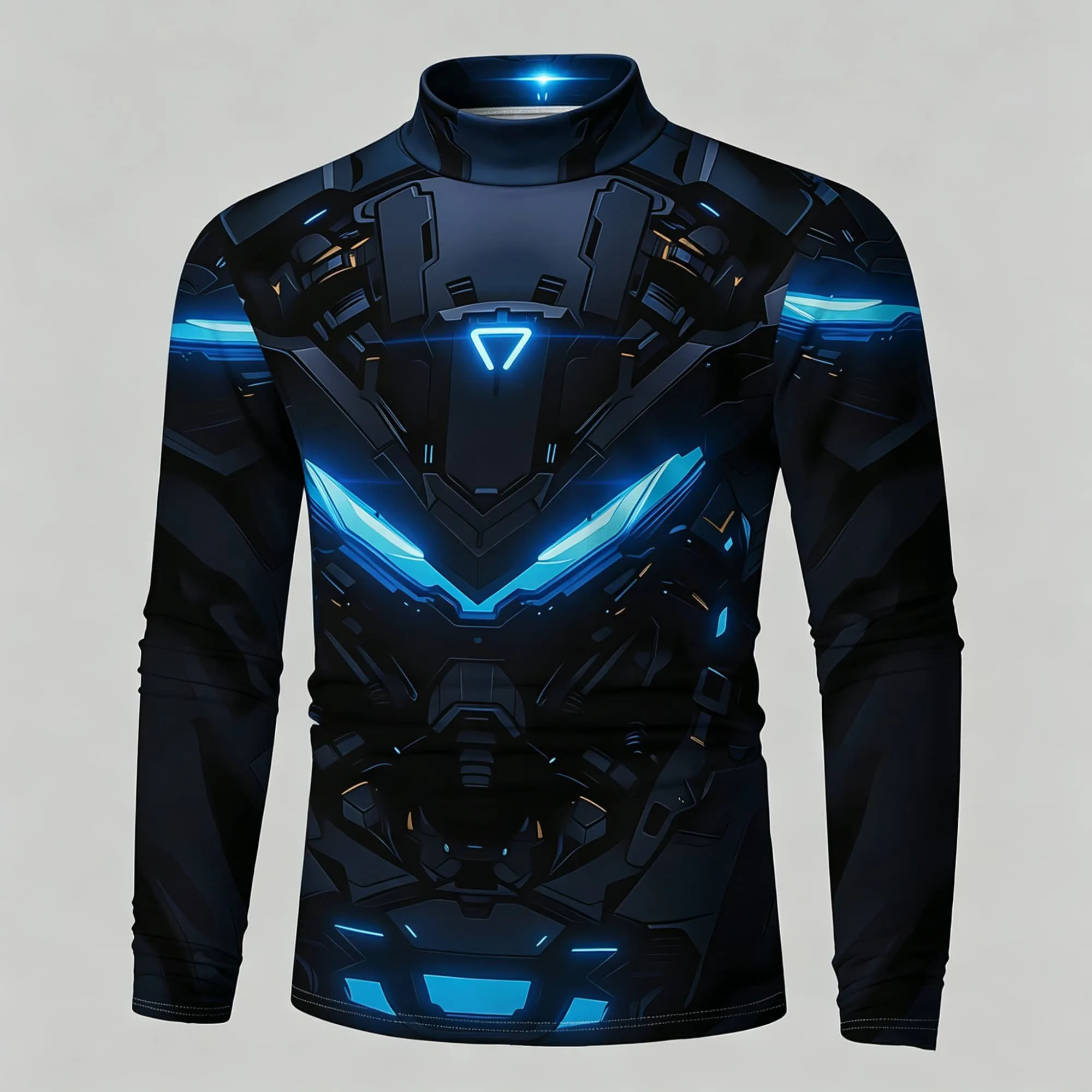 Men Futuristic 3D Robot Print Mock Neck Long Sleeve Tee, Cyber Tech‑Style Stretch Fitness Training Base Layer Shirt
