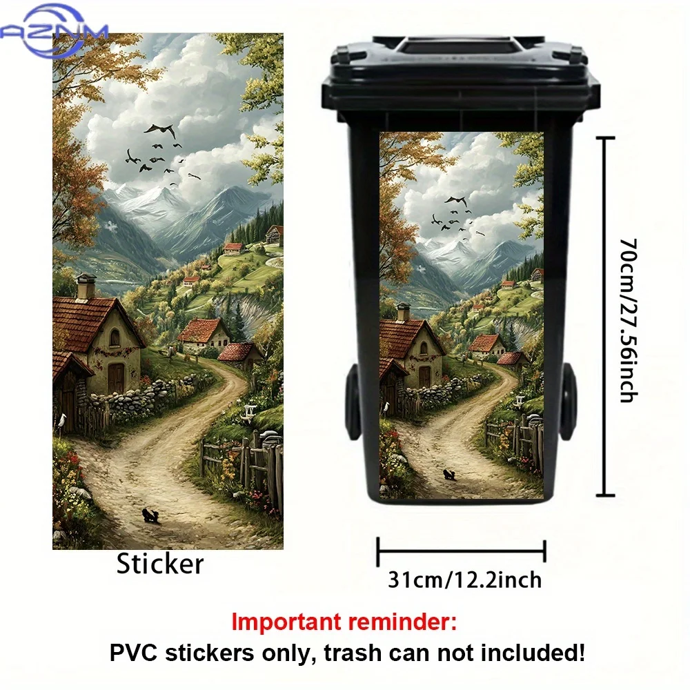 A Digital Painting Theme of a Country Road, Featuring a Sticker for a Trash Can, Made of Self-Adhesive PVC, Waterproof for Out