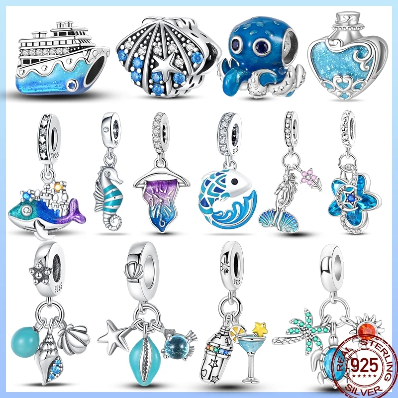 New 925 Sterling Silver Beach Sunshine Cruise Ship Blue Zircon Bead Pendant Suitable Fit Pandora 925 Original Bracelet Diy