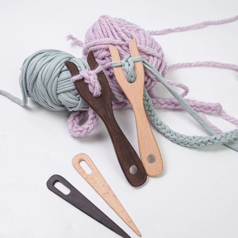 2Pcs Knitting Fork And Eye Needle Kit Wooden Cording Tool Fork Braider Lightweight Knitting Fork Braided Tool