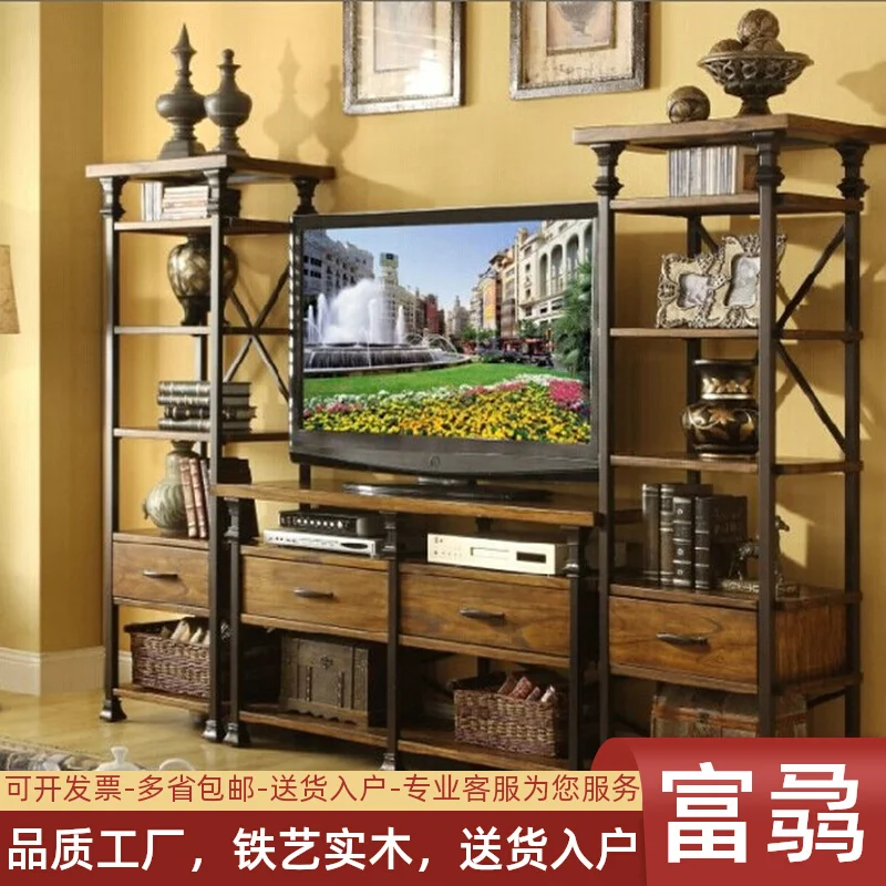 

European North side cabinet wrought iron solid wood TV cabinet retro log small apartment floor rack video cabinet Internet celeb