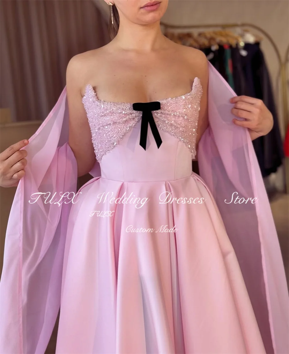 TULX élégant rose Satin arabie saoudite robe de soirée col rond dentelle châle robes de soirée une ligne longue robe d'occasion formelle personnalisée