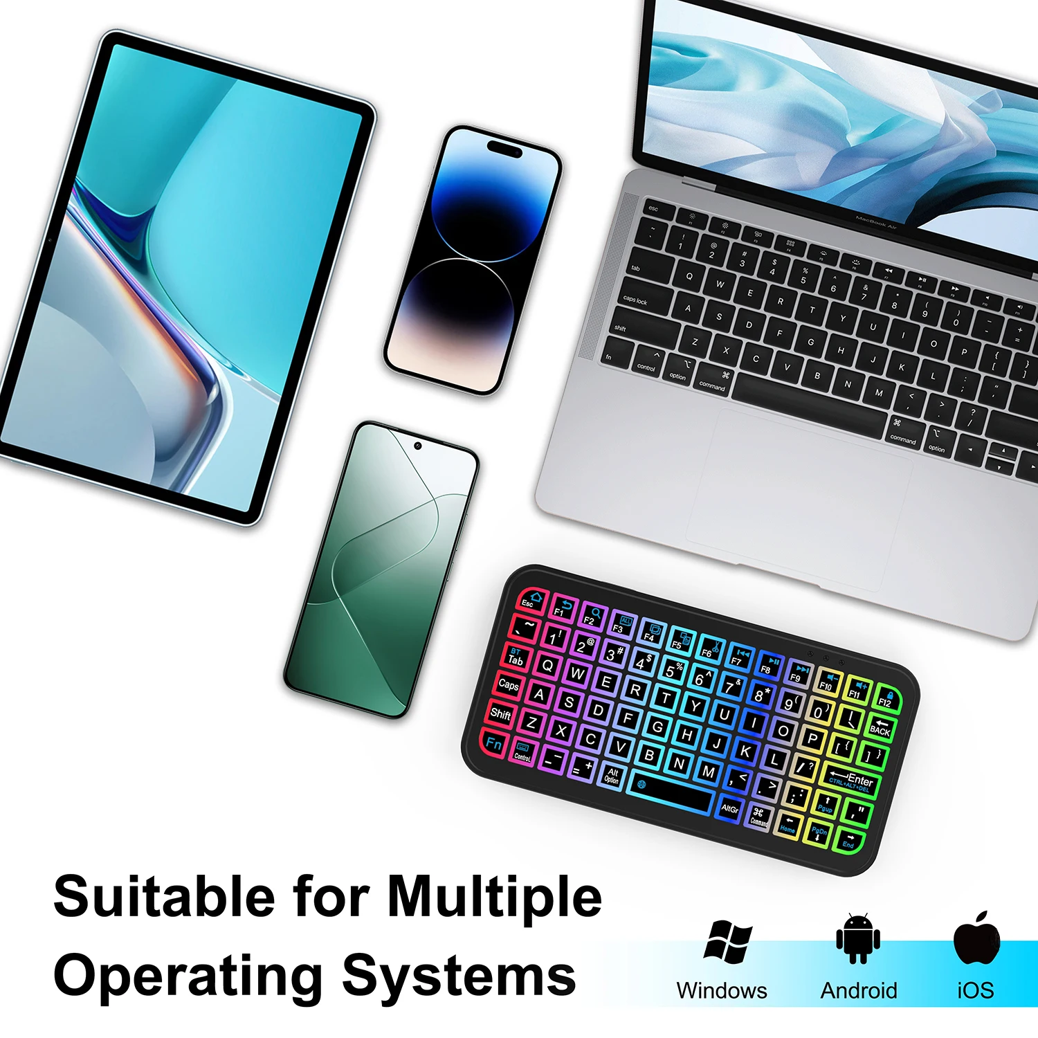 لوحة مفاتيح صغيرة بإضاءة خلفية rgb بلوتوث للكمبيوتر الشخصي والكمبيوتر اللوحي والكمبيوتر المحمول ، قابلة لإعادة الشحن ، لاسلكية ، ipad، ios ، android ، macbook