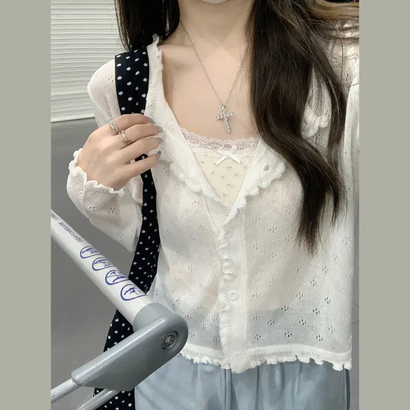 

Hollow Out Thin Sunscreen Knitted Sweater for Women's Summer New Style Chic Loose Short Long Sleeved Cardigan Top