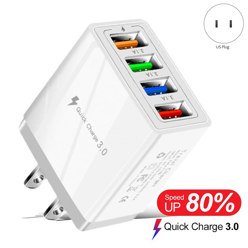 4 USB Fast Charging Adapter,with LED Light Fast Charge Charger 5V3A Charger Type-C QC3.0 Fast Charge Adapter(US Plug)