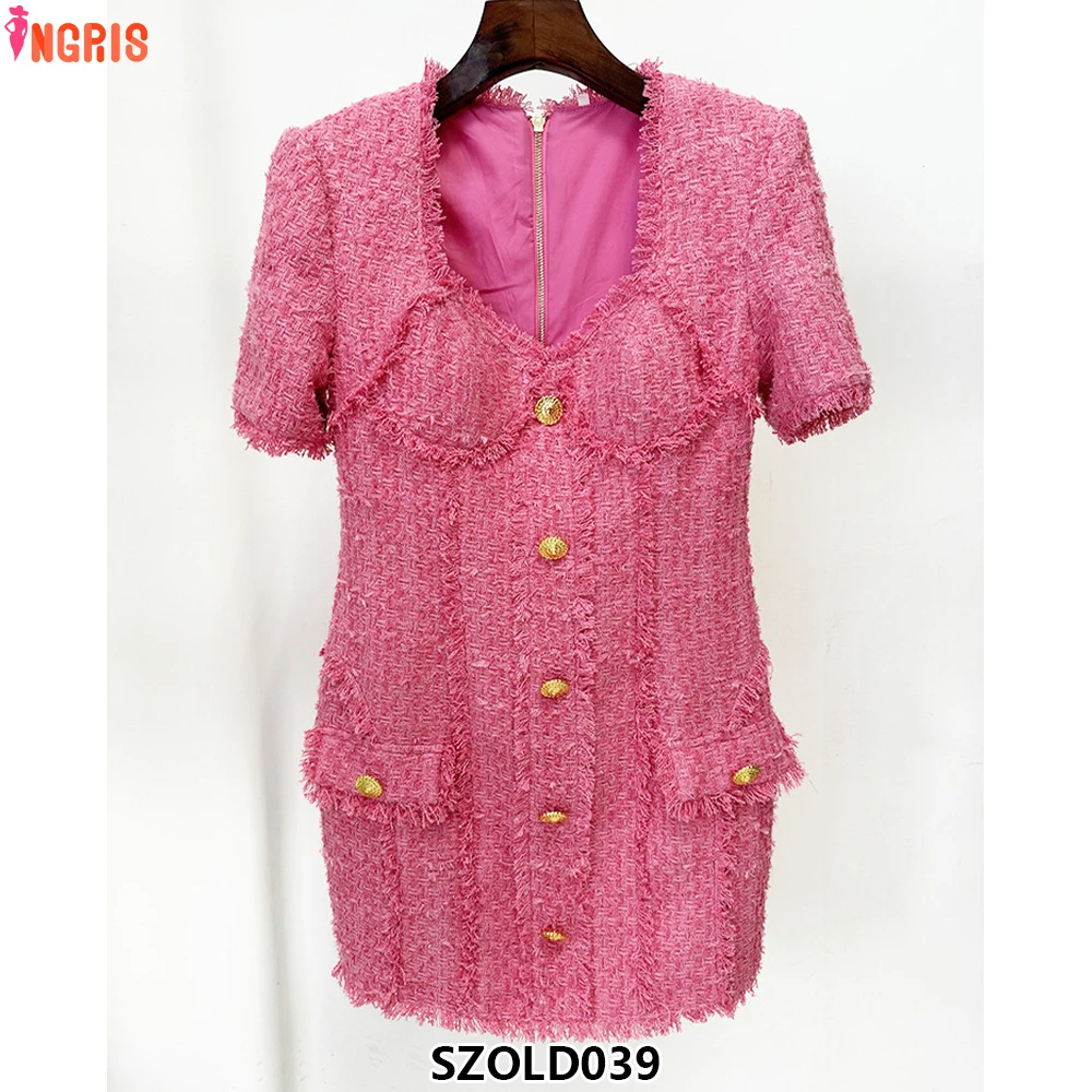 

New autumn and winter 2025 French lion button casual dress tassel square collar short sleeve flower-SZOLD039