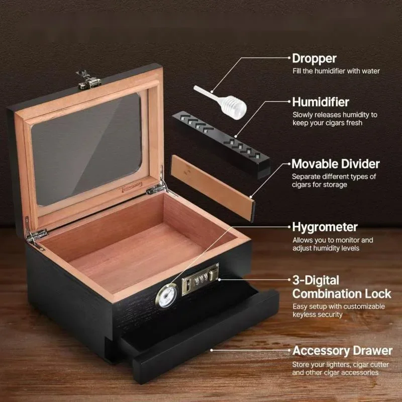 Cigar Box Home Practical Wooden Transparent Cover Cigar Storage Box Solid Wood Cigar Moisturizing Box Cigar Wooden Box Gifts New