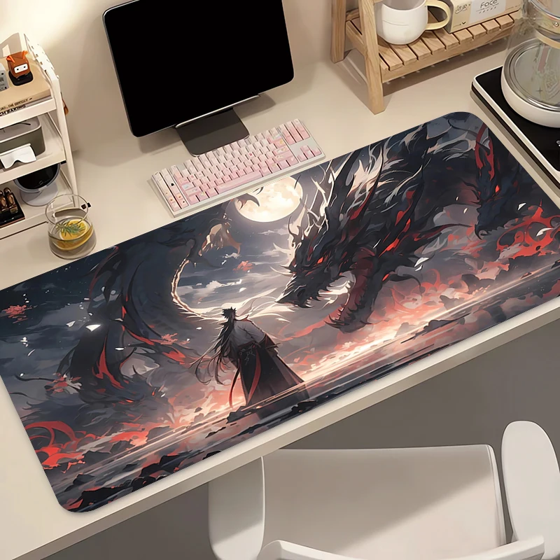 Резиновый коврик для мыши, игровой коврик для мыши, ноутбук, луна, самурай, расширенный настольный коврик, аксессуары для ПК, коврик для клавиатуры, компьютерный коврик для стола с драконом