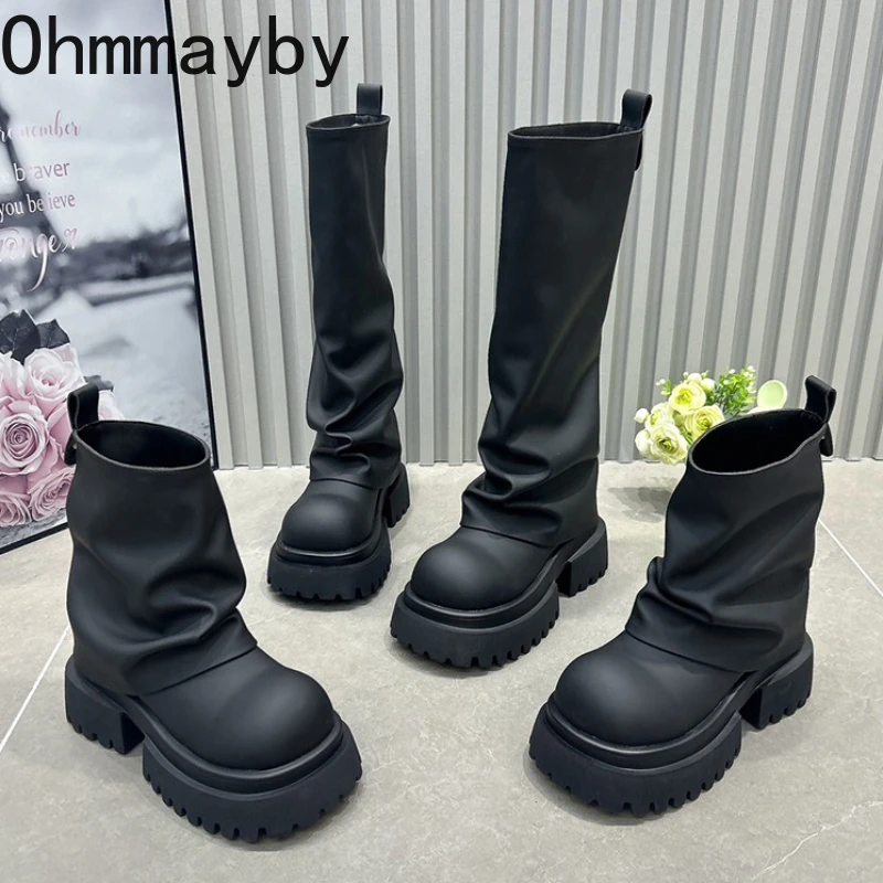 

Женские рыцарские сапоги на платформе с круглым носком и толстой подошвой, модные женские длинные ботильоны без шнуровки, увеличивающие рост