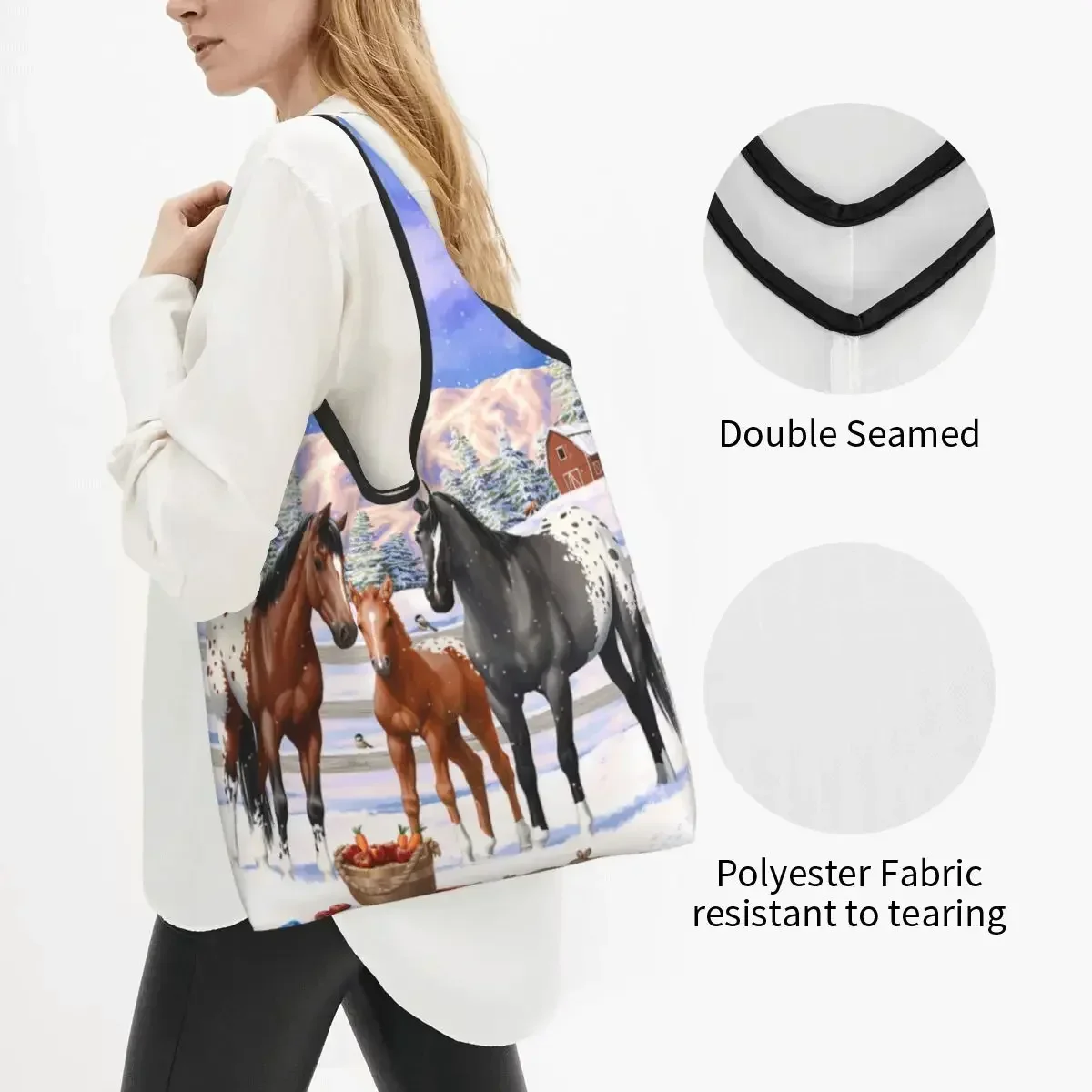 Custom Appaloosa Horses In Winter Shopping Bags Women Portable Large Capacity Grocery Farmhouse Animal Tote Shopper Bags