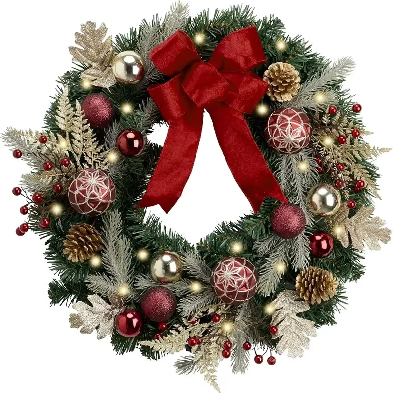 for Valery Madelyn 24 Inch Pre-Lit Timer Collapsible Christmas Wreath with Red Gold Balls Velvet Bow Handcrafted Outdoor