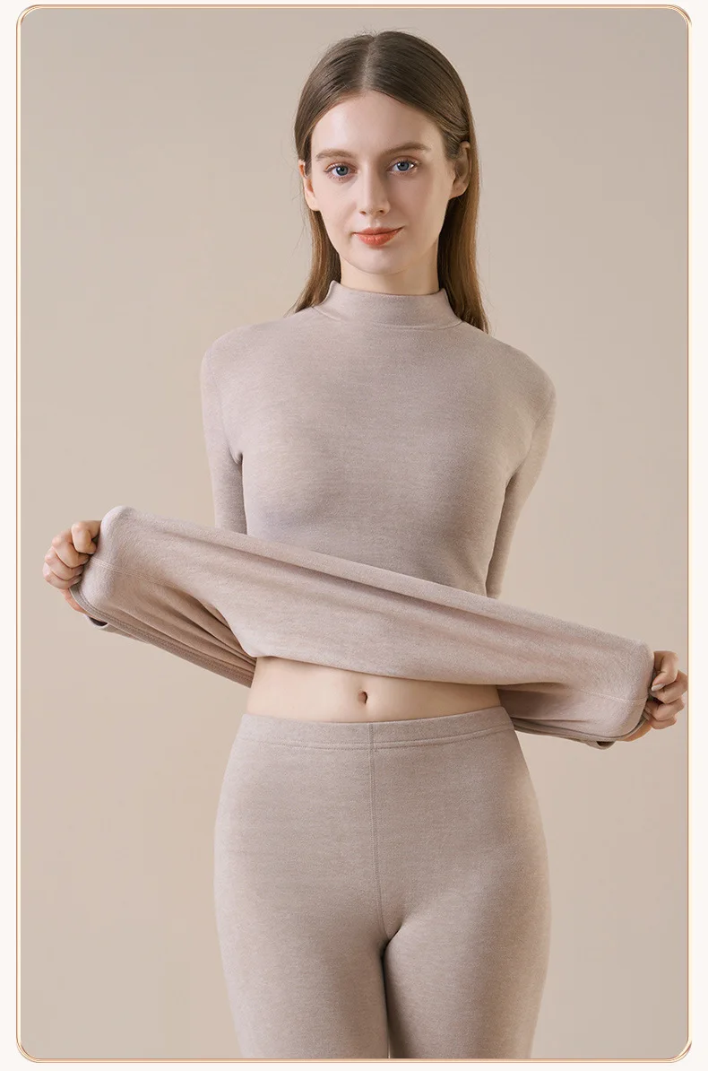 Damen-Thermo-Unterwäsche aus Kaschmirseide, Thermoshirts, warme Hosen, verdickte, einfarbige, halbrollkragenartige Oberteile, langärmlige Winterkleidung. – Detail 21