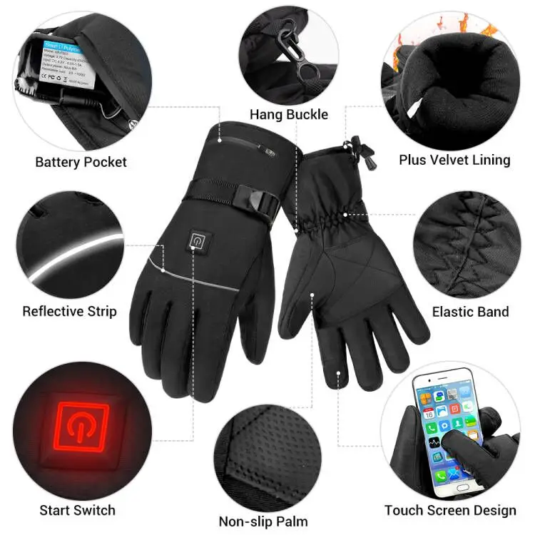 GufamilMoto-Gants de ski imperméables, chauffants, USB, main, électriques, thermiques, batterie 62