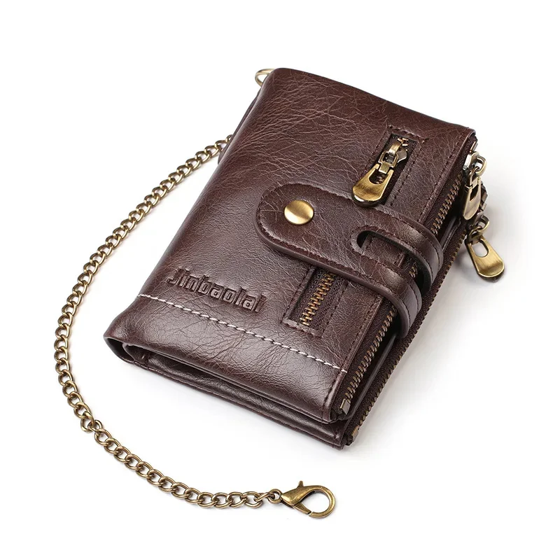 

Vintage Genuine Leather For Men Fashion Chain Coin Purse Male Multiple Card Holders Double Zipper Money Wallet