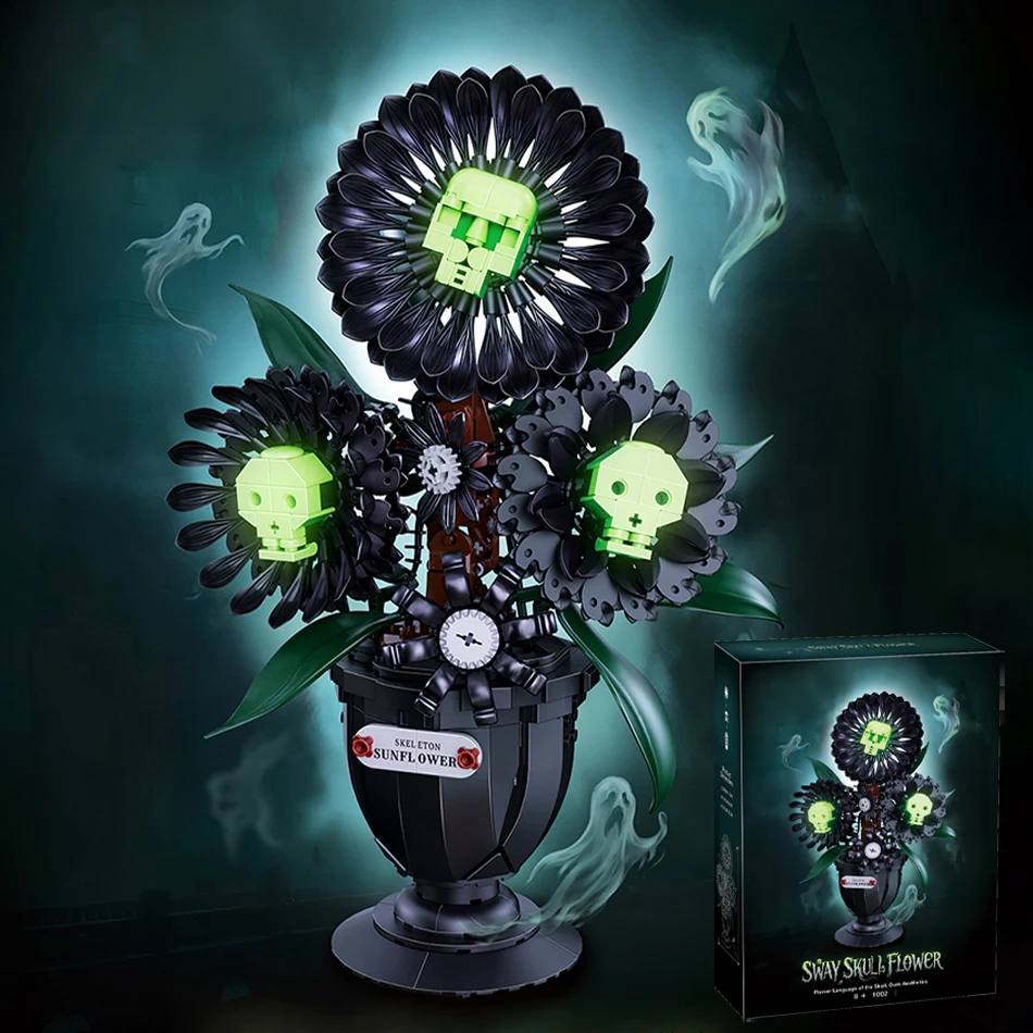 Halloween Gothic Sway Skull Flower Building Blocks Set Black Skeleton Sunflower Glowing Effect Bricks Toys Valentine Day Gifts