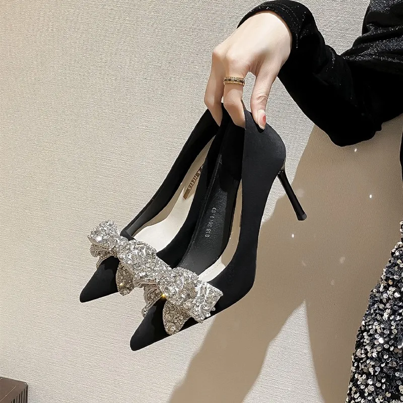 

New Women's Black Bowknot Pumps Sexy Strappy Rhinestone Open Toe Shoes High Heels Shoes Fashion Work Dress Shoes