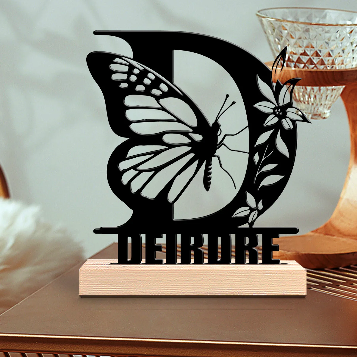 1pc Customizable Metal Desktop Ornaments Custom Name With Wooden Base Modern Rural Home Desktop Decorations
