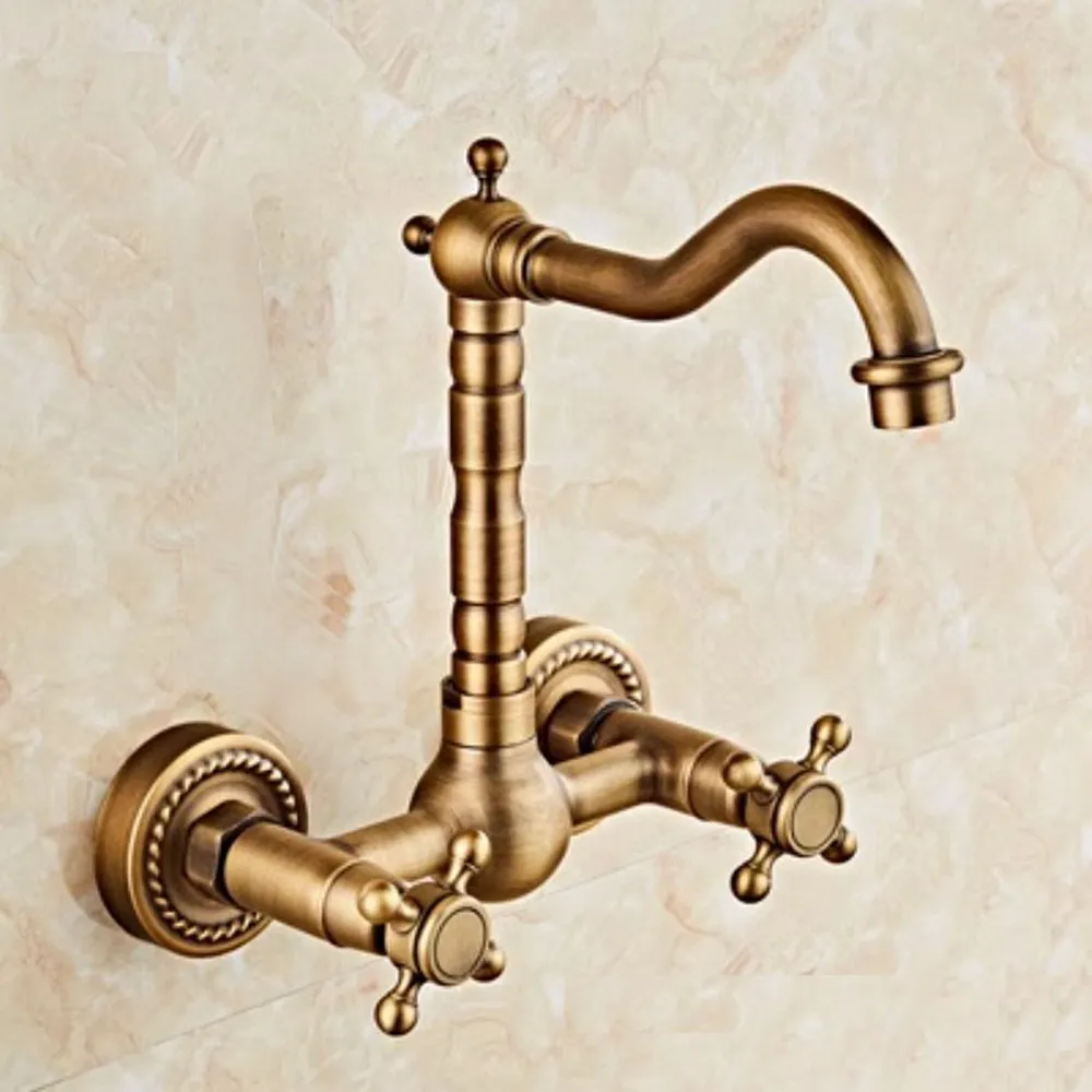 Antique Brass Wall Mounted Dual Cross Handles Swivel Spout Kitchen Sink Mixer Tap / Bathroom Basin Faucets Nzh027