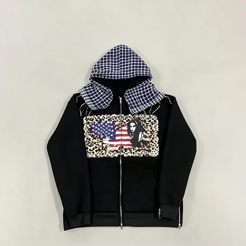 Keffiyeh Tassel Hood Zip Up Jacket, Leopard US Flag Portrait Graphic Oversized Y2K Streetwear Hoodie
