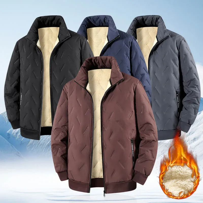 Men Classic Stand Collar Washed Cotton Jacket Fleece Lined Thick Warm Winter Coat Middle Aged Daily Casual Outerwear
