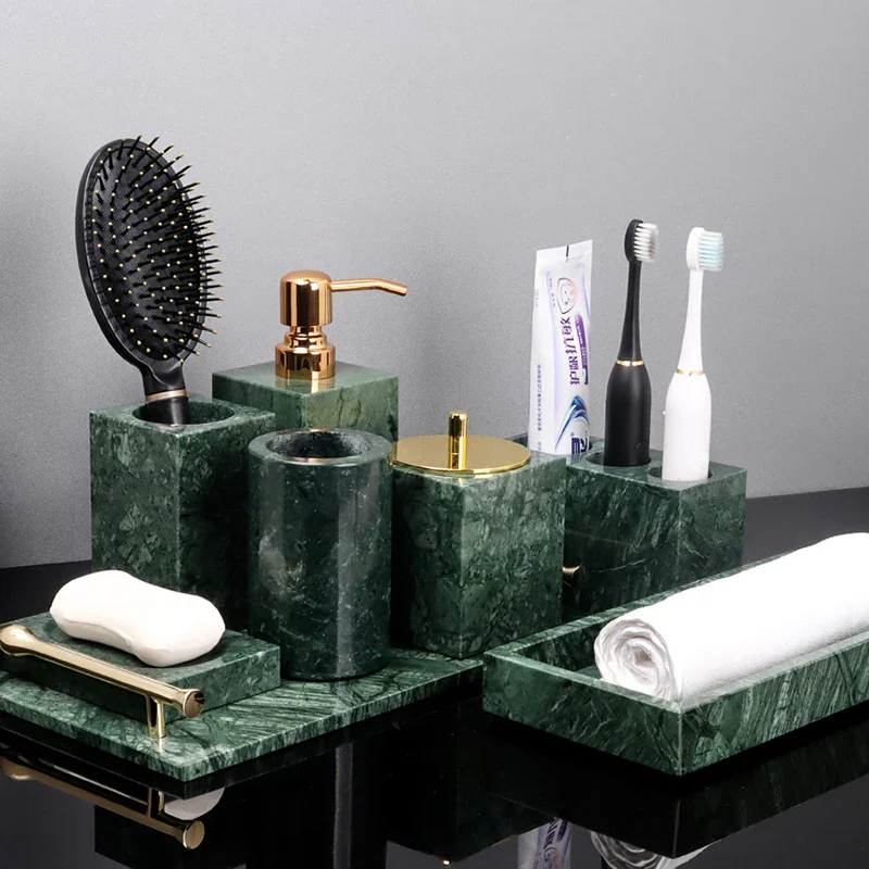 Indian Green Natural Marble Bathroom Accessories Retro Soap Dispenser Soap Dish Toothbrush Holder Tissue Box Bathroom Set