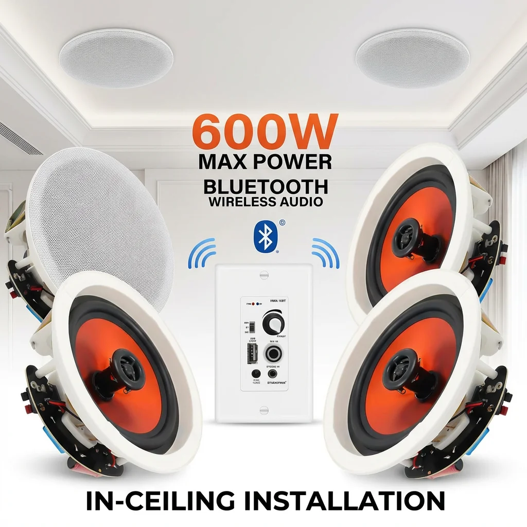 

STUDIOFINIX 6.5'' Bluetooth-колонки для встраиваемого потолочного монтажа, 600 Вт, 2-полосные, комплект для скрытого монтажа с настенным усилителем для ванной комнаты и прачечной, 4 шт.