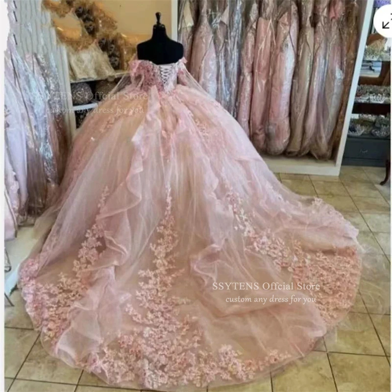 SSYTENS Light Rose Pink Ball Gown Quinceanera Dresses Cinderella Vestidos De 15 Anos 3D Flower Lace XV Princess Party Customized