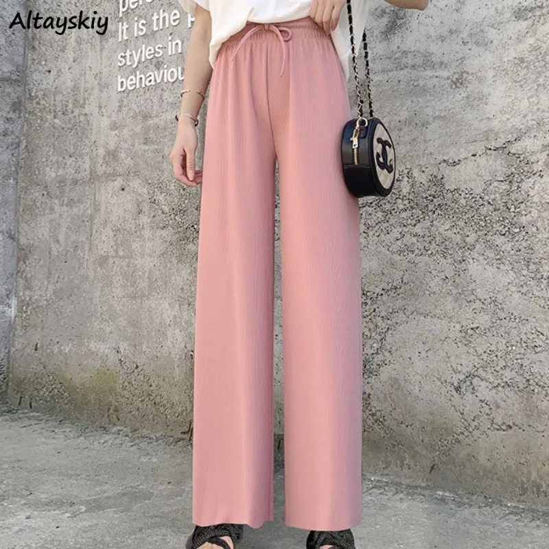 

Solid Pants for Women Ankle-length Elastic Waist Fashion Korean Style Straight Loose Spring Summer All-match Thin Chic College