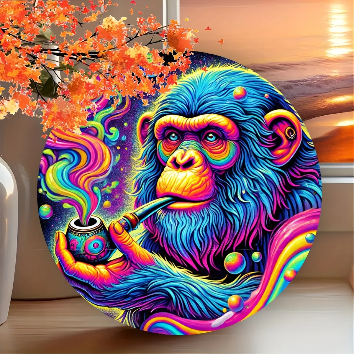 1 Stück psychedelischer bemalter Affe rundes Metallschild, 20,3 x 20,3 cm große Eisen-Wandkunst, lebendiges Zuhause, Bar, Café-Dekoration, kein Strom erforderlich, F