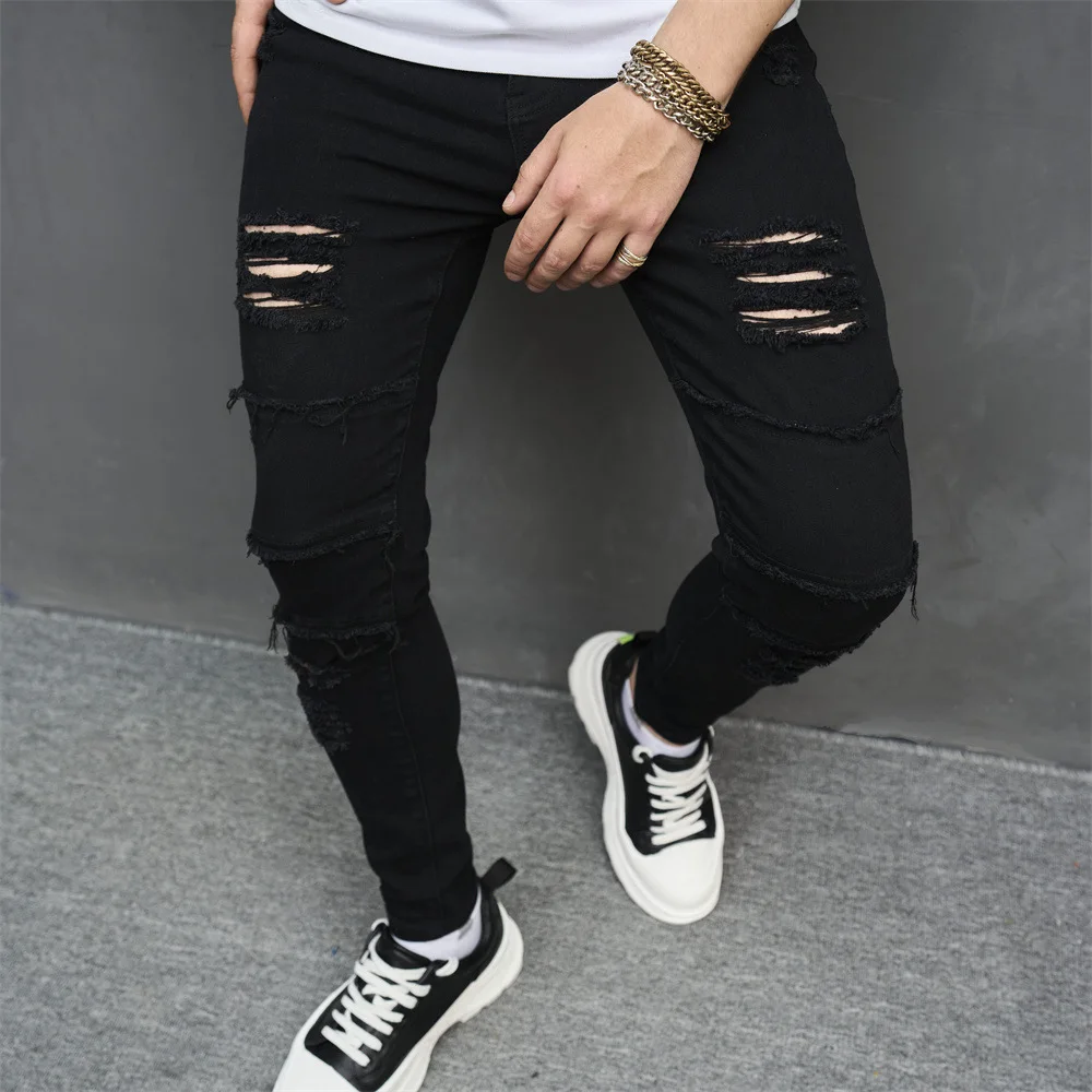 

Men's Jeans Broken Locomotive Pleated Pants Trendy High Street Full Length Denim Trousers Large Size Ropa Hombre