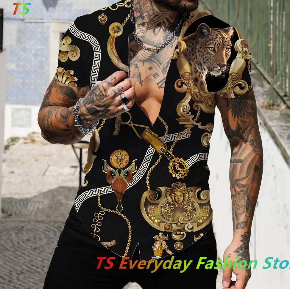 Hawaiian Shirt For Mens Baroque Print Loose Shirts Tops Luxury Lapel Prom High Quality Blouse Oversized Tee Shirt Men\'s Clothing