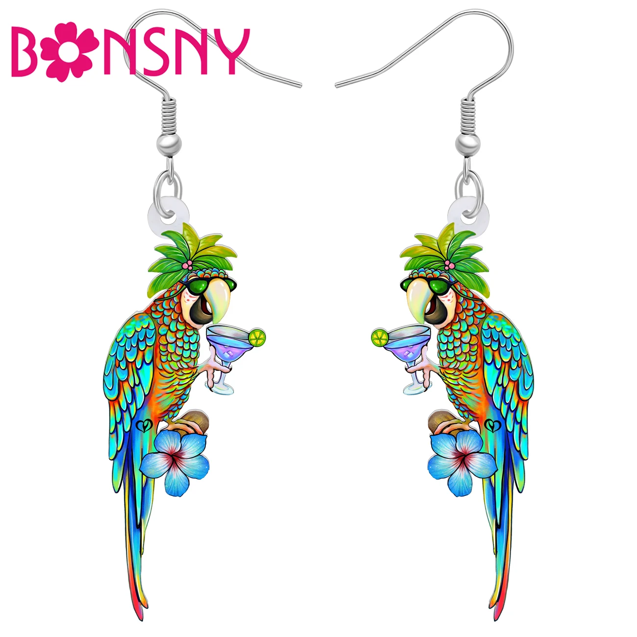 BONSNY Acrylic Novelty Macaws Parrot Flower Wine Earrings Forest Animal Bird Drop Dangle Jewelry Gifts Decor For Women Girls Kid