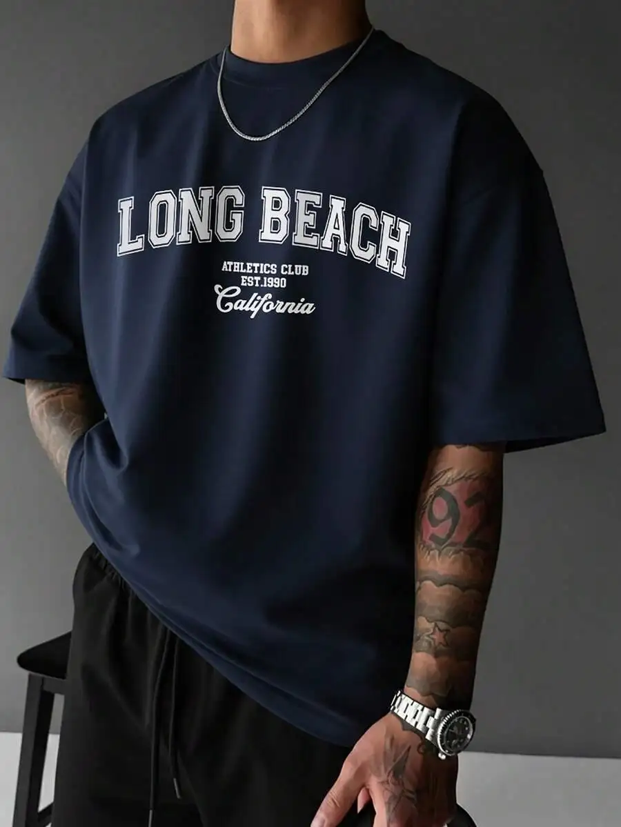 Mens Summer Letter Print Round Neck Casual T-Shirt