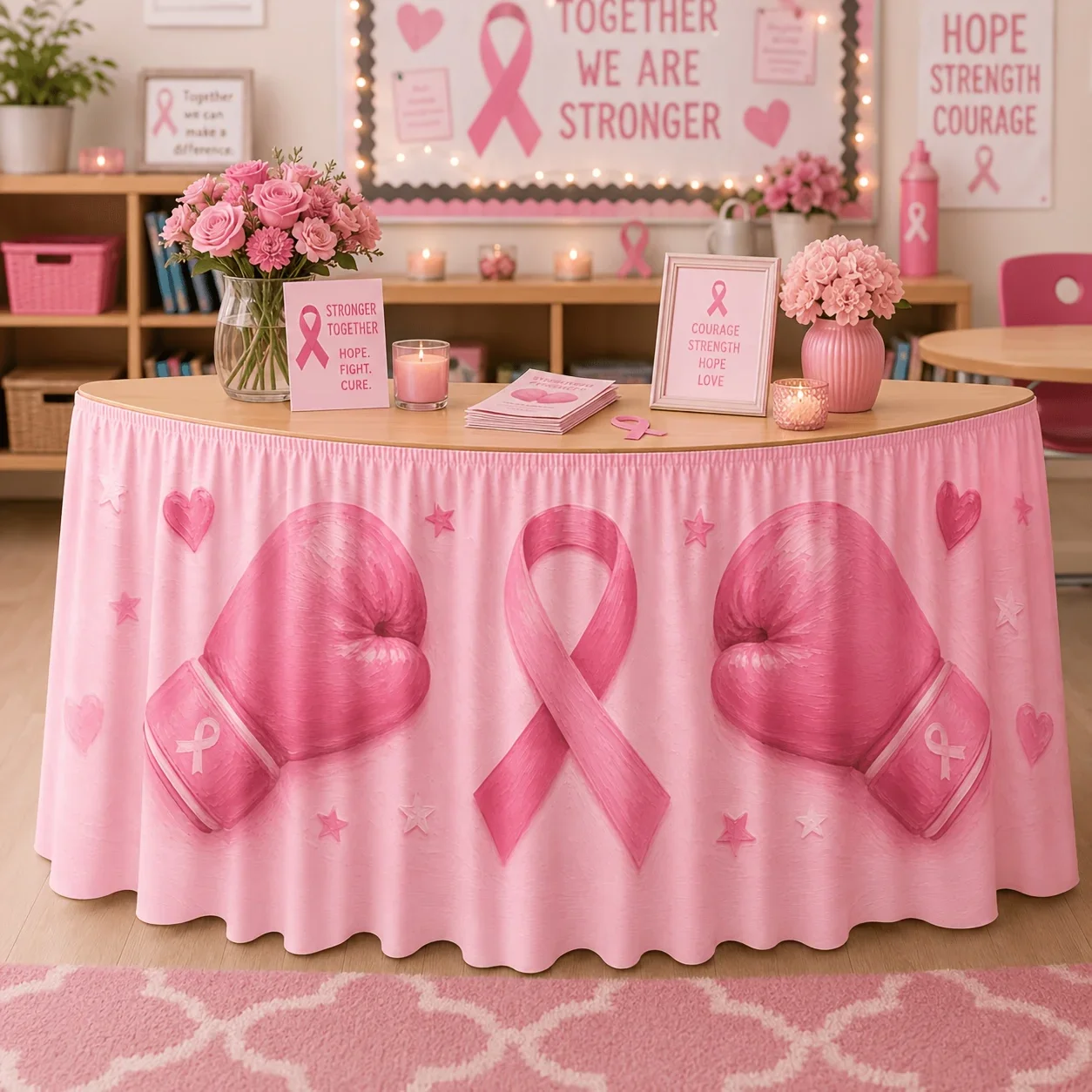 tablecloth table skirt for breast cancer prevention.Table skirt with textured painting in pink.Pink boxing gloves. Pink silk.xzj