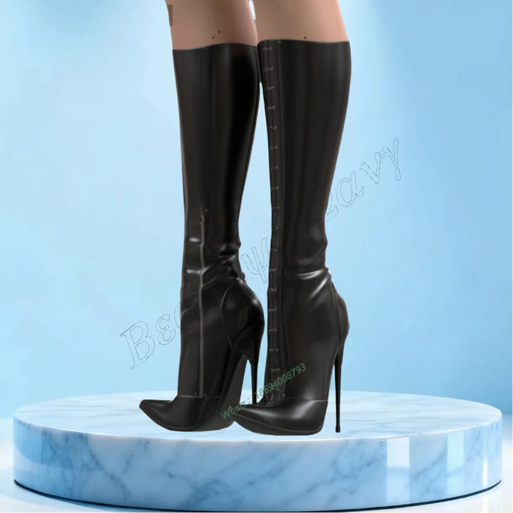 

Black Side Zipper Pointed Toe Boots Knee High Slim Spike High Heel Shoes Solid Sexy Women Shoes New Zapatos Para Mujere