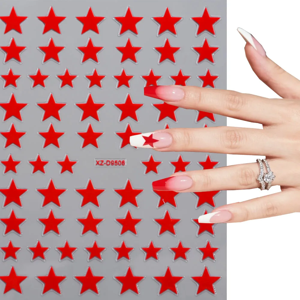 3D Red Star Nail Art Stickers Y2K Shiny French Full Tip Adhesive Nail Art Decoration Decals Sexy 5-Pointed Star Manicure Sliders