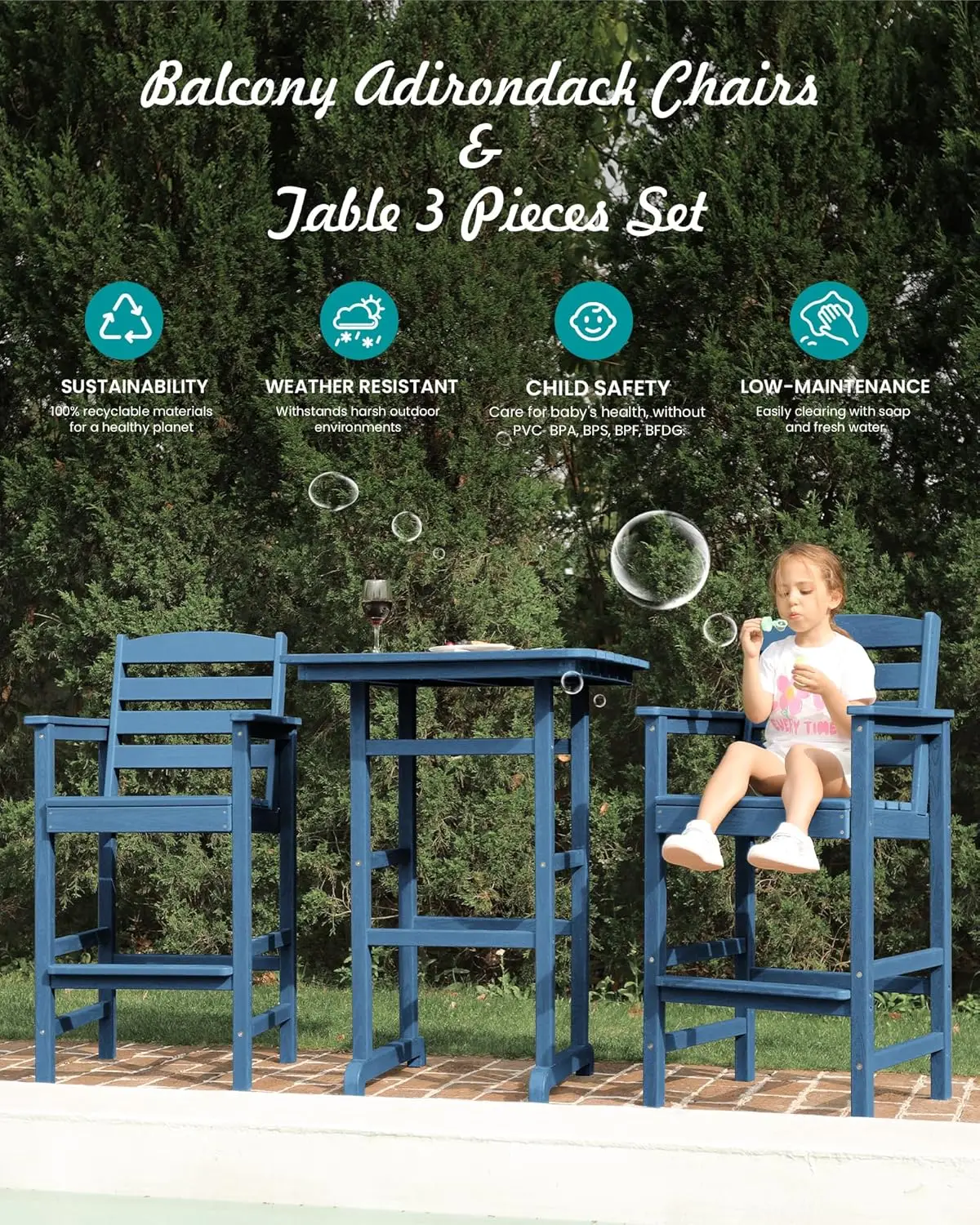 5-teiliges Bar-Set für den Außenbereich, übergroßes hohes Adirondack-Barstuhl- und Tischset, Blau