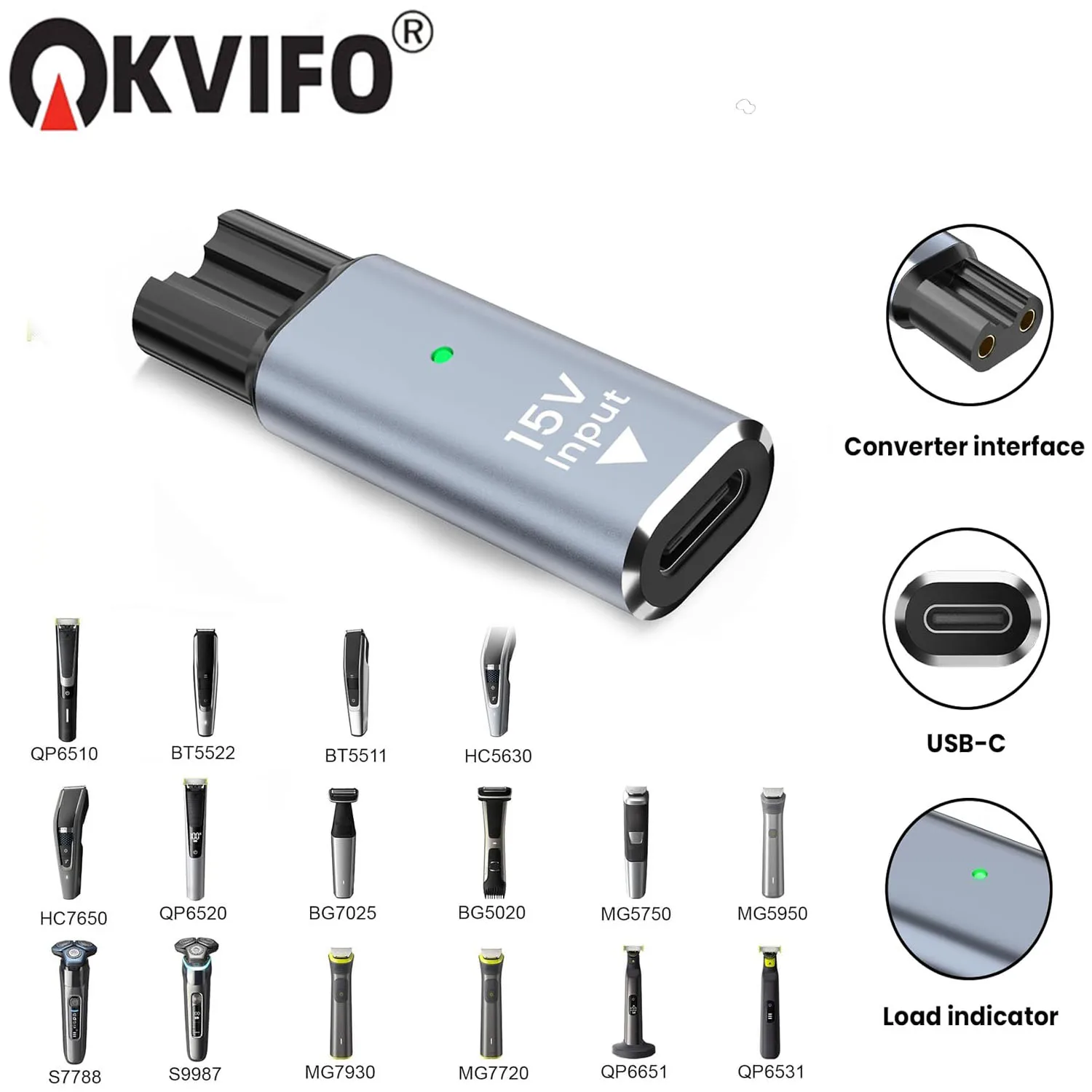 Adaptador de Carga Tipo-C de 15V HQ8505 para Afeitadora Philips Norelco One Blade Pro QP6510 QP6520 QP6530 Recortadora de Barba