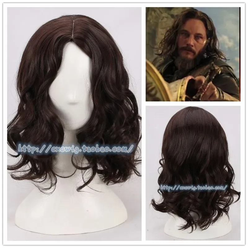 New Halloween Party Cosplay Sir Anduin Lothar Costume Wig Cosplay Jesus Dark Brown Wavy Wig Synthetic Hair Wig for Men   Wig Cap