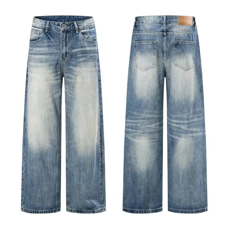 

Casual Men's Light Blue Washed straight Jeans Whisker Detail Loose Wide Leg Streetwear Denim Long Pants