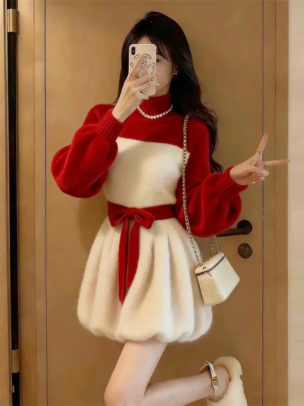 

Зимнее женское платье с длинными рукавами, пэчворк, с эффектом утяжки талии, красно-белое, французский стиль, свободный крой, средней мягкости