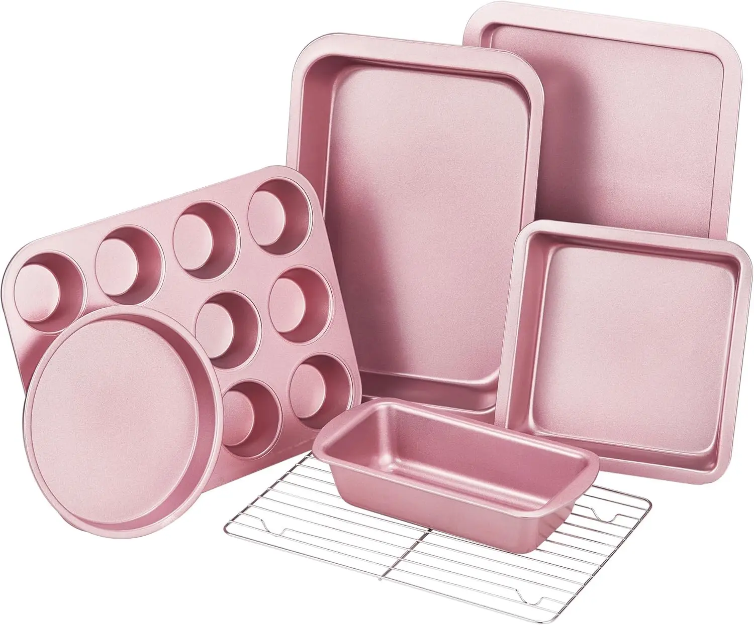 

7-Piece Nonstick Bakeware Set with Cake Pan, Loaf Pan, Muffin Pan, Cookie Sheet, Roast Pan & Cooling Rack - Pink
