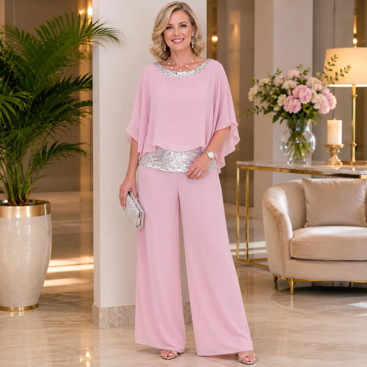 Women Sequined Patchwork Loose Batwing Blouse Pant Sets 2 pcs Sale Pink Loose Blouse&Wide Leg Loose Trousers Suits
