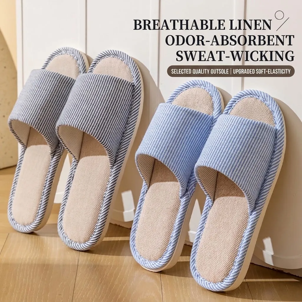 Breathable Flax Linen Slippers Women Men Striped Open Toe Indoor Slides Non-Slip Soft Sole Sweat Absorbing Home Floor House Shoe