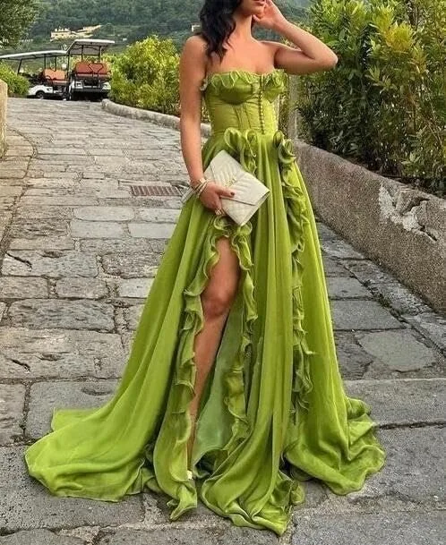 Women's Chiffon Prom Dresses with Slit Strapless Ruffles Button Lace-up Back Floor Length Formal Party Gown Cocktail Dress